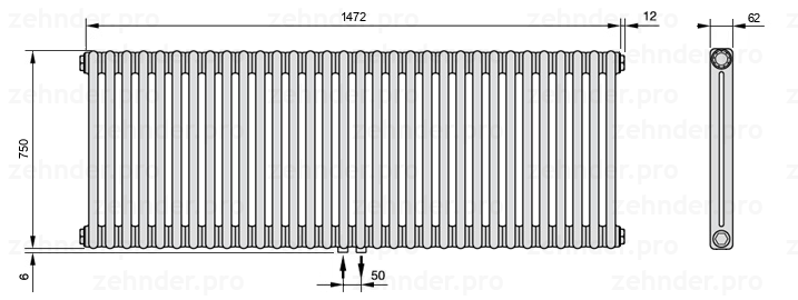 Схема (чертеж) Радиатор Zehnder Charleston 2075/32 №3470 Белый глянцевый RAL 9016